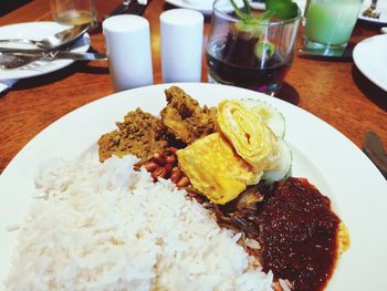 High angle view of breakfast served on table