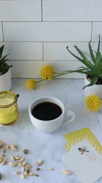 High angle view of coffee on table