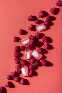 High angle view of strawberries on table