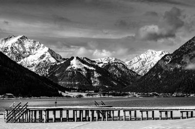 Scenic view of snowcapped mountains against sky