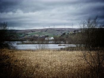 Scenic view of lake against cloudy sky