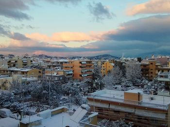 High angle view of townscape against sky during sunset