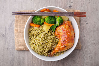 High angle view of meal served in bowl on table