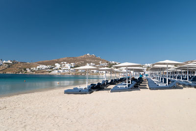 Scenic view of beach against clear blue sky