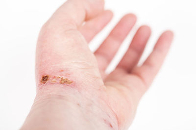 Close-up of hand against white background