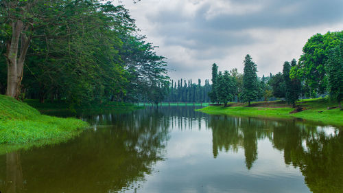 Scenic view of lake against sky. golf course