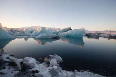 Frozen lake against clear sky during winter