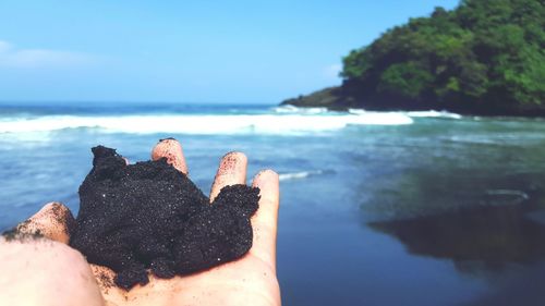 Midsection of man at beach against sky