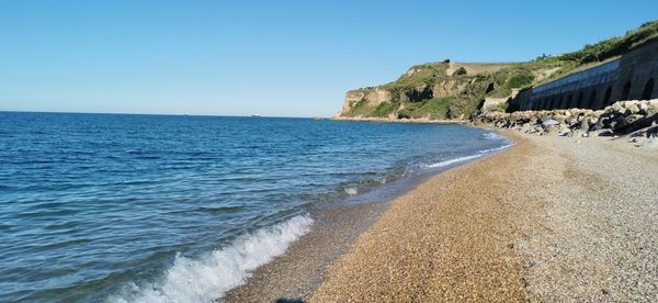 Scenic view of beach against clear sky