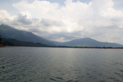 Scenic view of lake and mountains against sky