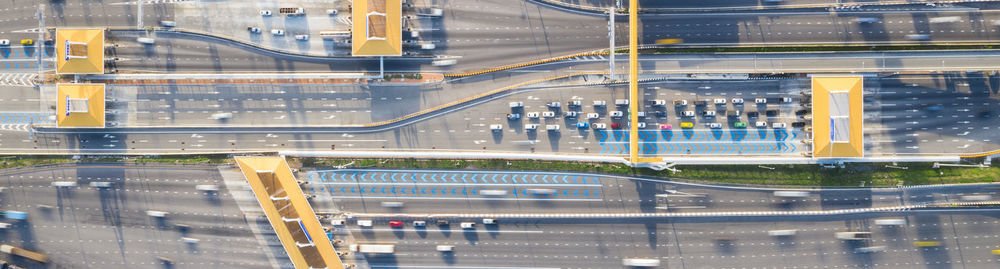 High angle view of bridge over road in city