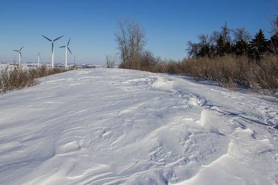 Snow covered land and trees on field against sky.