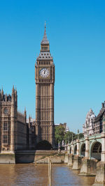 View of city buildings by river against clear sky