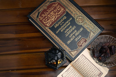 High angle view of open book on table