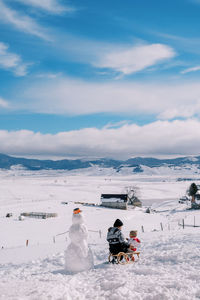 Snow covered landscape against sky