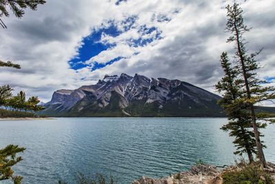 Scenic view of lake and mountains against sky