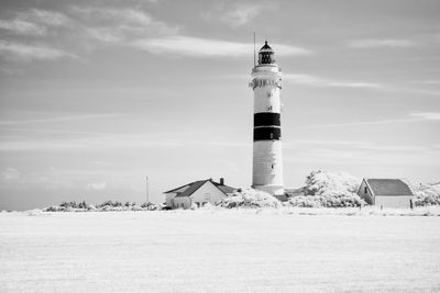 Lighthouse by sea against sky