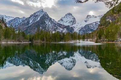 Scenic view of snowcapped mountains and lake against sky