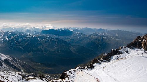 Scenic view of snow covered mountains against sky