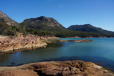 Scenic view of sea against clear blue sky