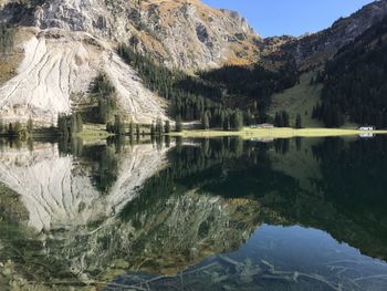 Scenic view of lake and mountains against sky