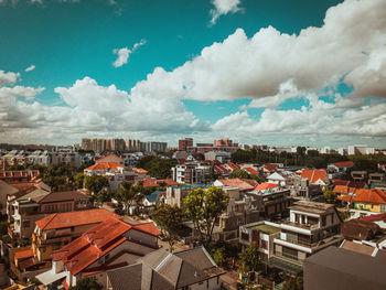 High angle shot of townscape against sky