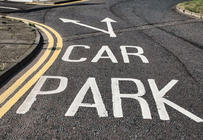 High angle view of text on road