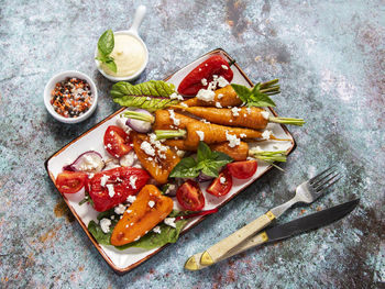 High angle view of food in plate on table