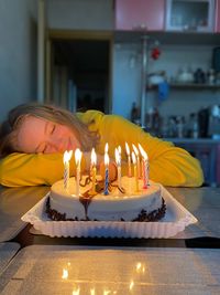 Birthday party, candels and cake, smile girl