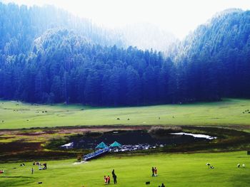 People playing soccer on field against sky