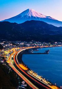 High angle view of light trails in city