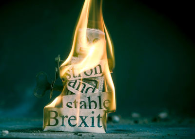 Close-up of illuminated sign on glass