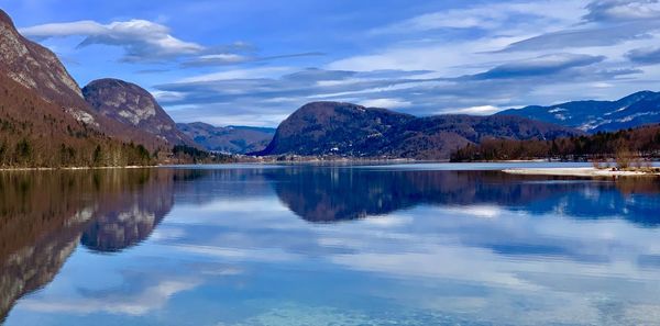 Scenic view of lake and mountains against sky