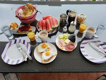 High angle view of breakfast on table