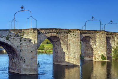 Arch bridge over river against blue sky