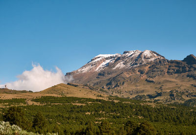 Scenic view of landscape and mountains against blue sky