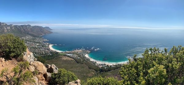 High angle view of bay against sky