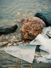 High angle view of rocks on shore
