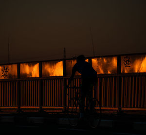 Rear view of man cycling on railing