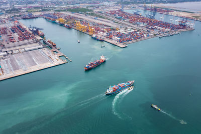 High angle view of boats in sea