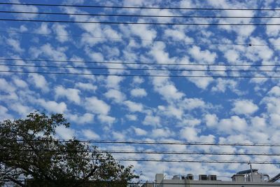 Low angle view of birds perching on cable against sky