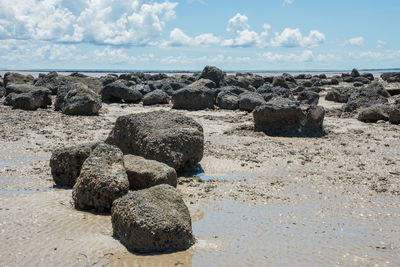 Rocks on beach against sky