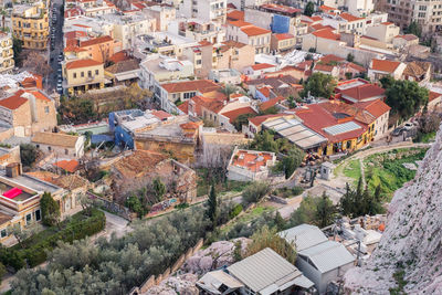 Aerial view of preserved historic buildings in the plaka neighborhood of athens, greece