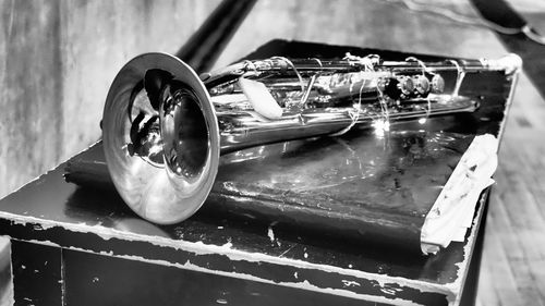 Close-up of trumpet on table