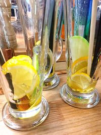 Close-up of beer in glass on table