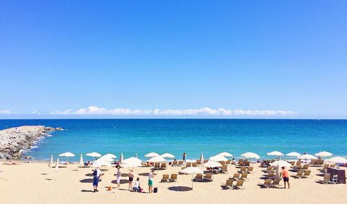 Panoramic view of beach against clear blue sky