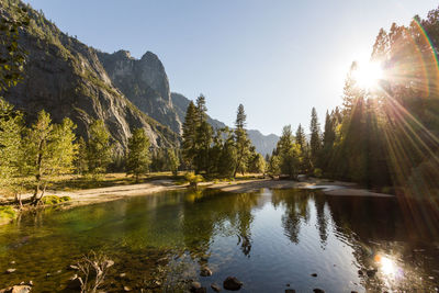 Scenic view of lake by trees against sky