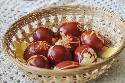 Close up of easter eggs in wicker basket