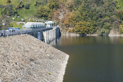 Scenic view of dam by river