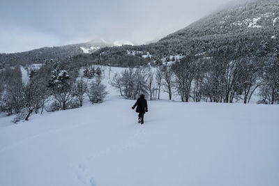 Person walking on snow covered mountain